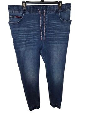 Tommy Hilfiger Men's Dark Blue Denim-Style Joggers with Drawstring